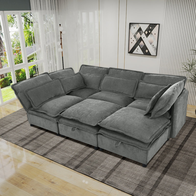Elysara Modular Sleeper Sofa Convertible Sectional, Gray Polyester, 32" H x 124.4" W x 63" D