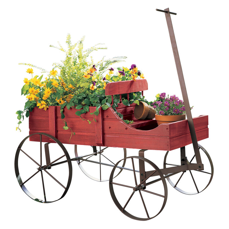 Blue Wooden Wagon Planter with Iron Wheels for Indoor/Outdoor Use