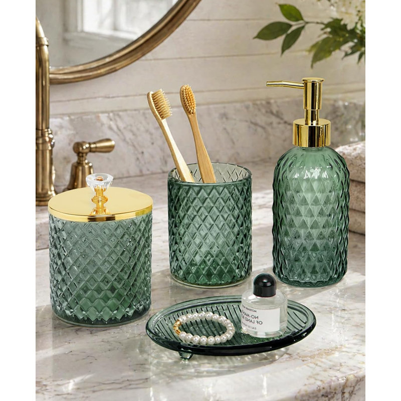 Ensemble de 4 accessoires de salle de bain en verre, décoration pour la salle de bain de la maison, vert sauge, Vert sauge