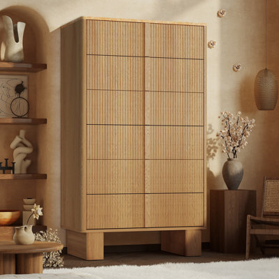 Fluted 6 Drawer Tall Dresser for Bedroom, 51” Modern Chest with Faux Marble Top, Wood Storage Organizer for Living Room, Hallway