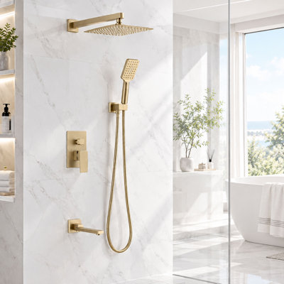Modern 10" Rectangle Wall Mounted Pressure Balance Rainfall Shower System With Swivel Tub Spout And Handheld Shower