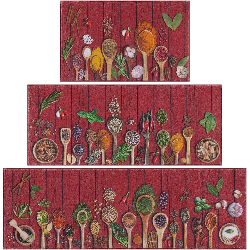 Farmhouse Non Slip Washable Kitchen Mats (Set of 3), Red