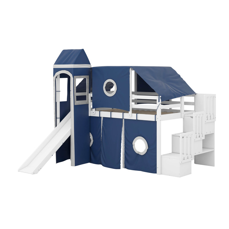 Lit mezzanine double avec tente et tour, Lit double, Bleu