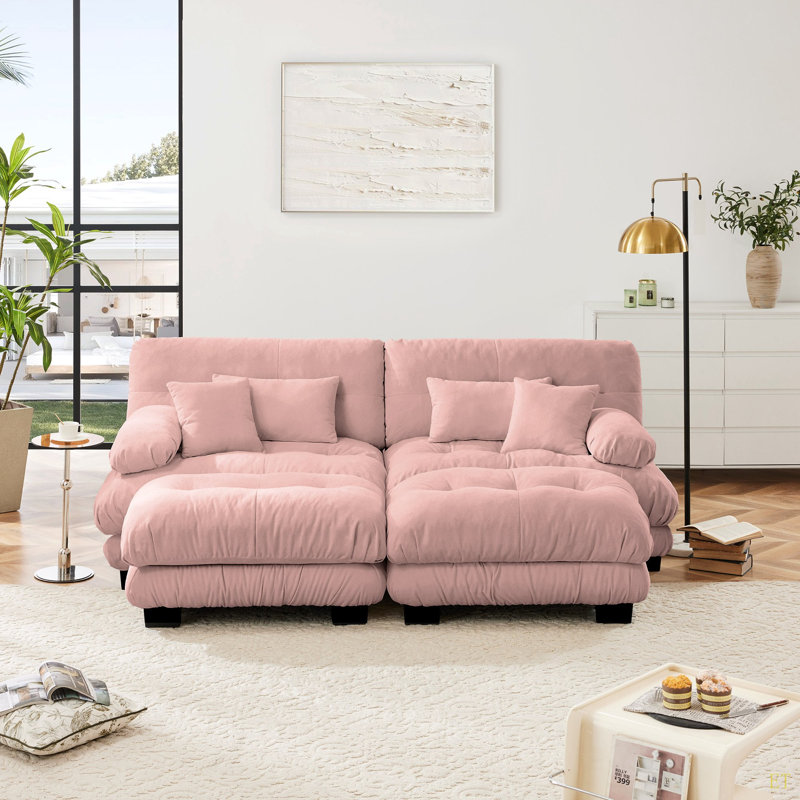 Canapé-lit Cloud pour le salon, canapé 2 places en chenille avec 2 coussins lombaires et 2 coussins décoratifs, canapé rembourré à accoudoirs larges avec 2 repose-pieds, chenille