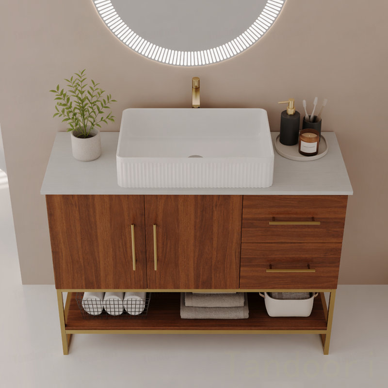 Meuble-lavabo moderne avec lavabo vasque en céramique, armoire autoportante dorée, Walnut