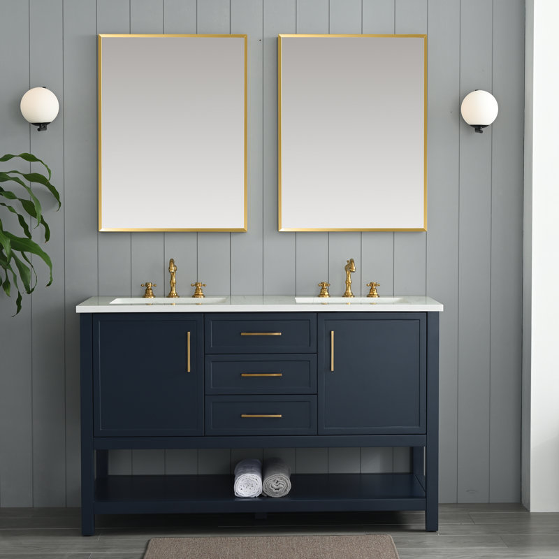 Ensemble de meuble-lavabo double 54 po Vicini, Bleu indigo / or brossé