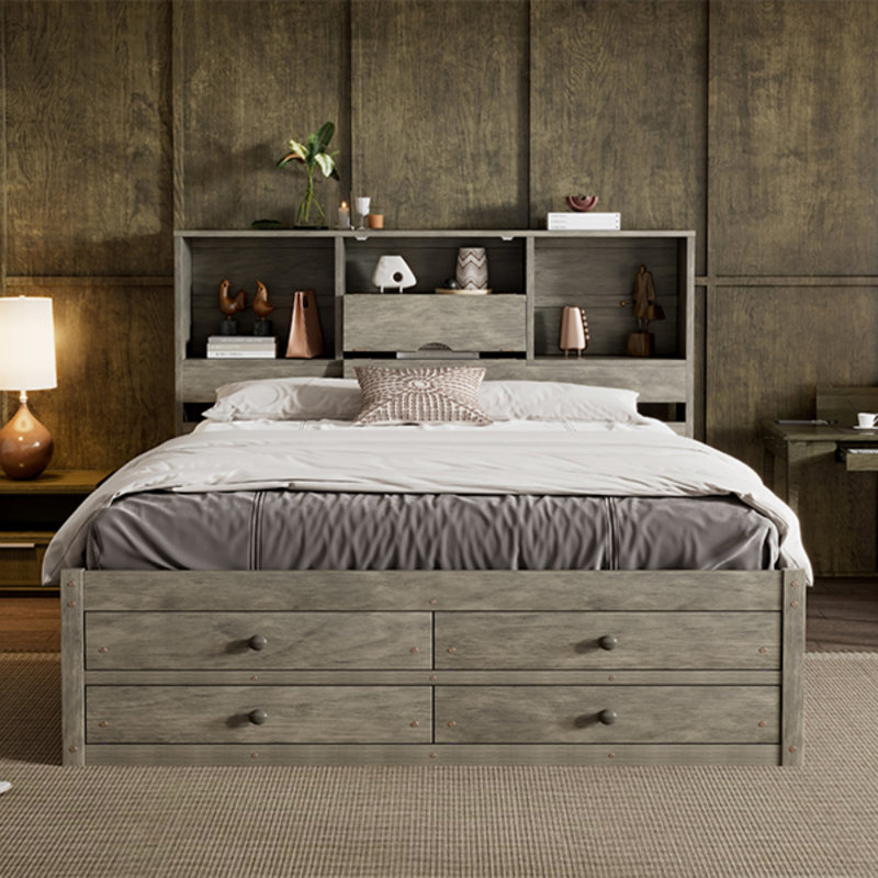 Grand lit plateforme avec tête de lit et rangement, Gris, Grand lit