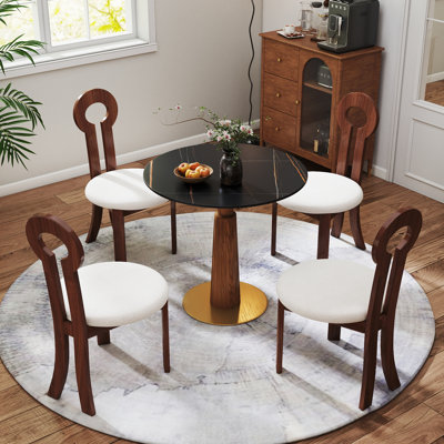 5-Piece Modern Round Sintered Stone Dining Table Set With 4 Boucle Fabric Chairs