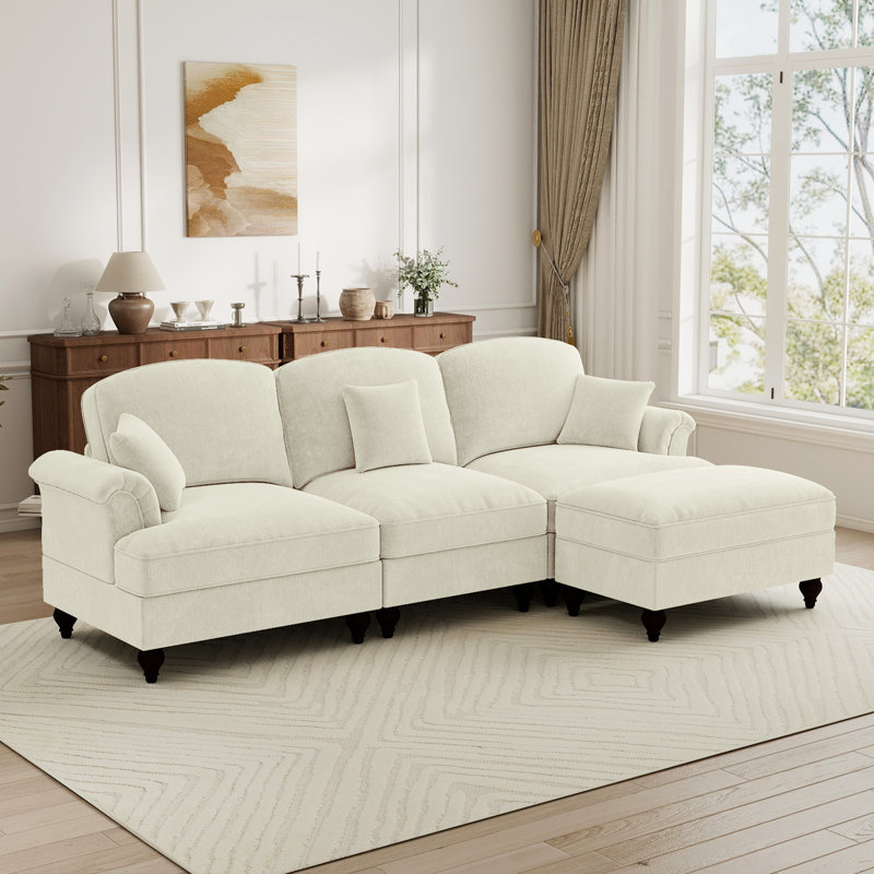 Mid Century Three Seater Modular L Shaped Sectional Couch With Removable Ruffles Pleats Skirts, Comfy Chenille 3-seat Deep Seat Sofa With Movable Ottoman