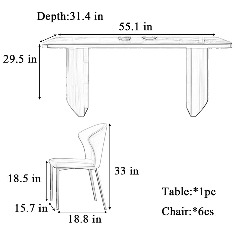 Light luxury designer home dining table and chair, Black, 29.5"H x 55.1"L x 31.4"W