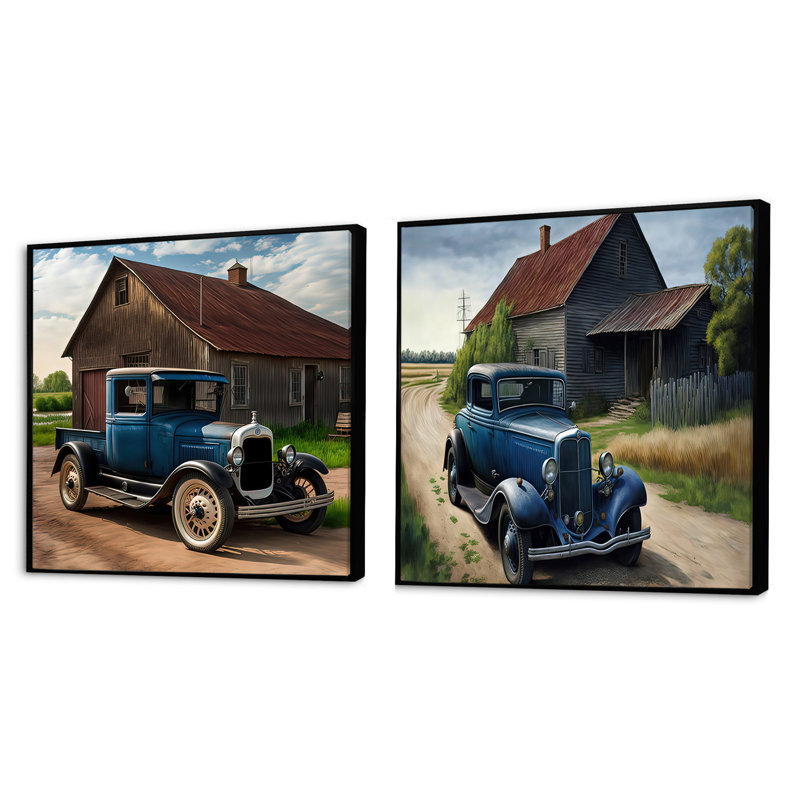 30S Ford Car In Barn II - Vintage Car Square Collage Set of 2, Cadre flottant noir, H 16 po x l 33 po