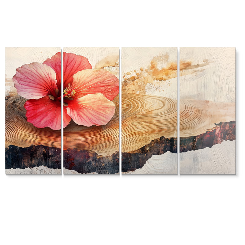 Fleurs d'hibiscus sur bois - décoration murale hibiscus - art mural traditionnel, H 32 po x l 64 po, 4