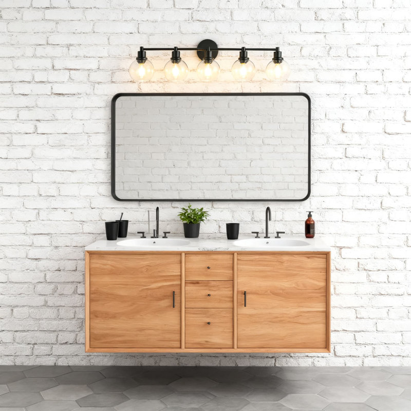 Luminaire de salle de bain 5 lumières, applique murale noire avec abat-jour en verre transparent pour éclairage en miroir, design moderne et classique