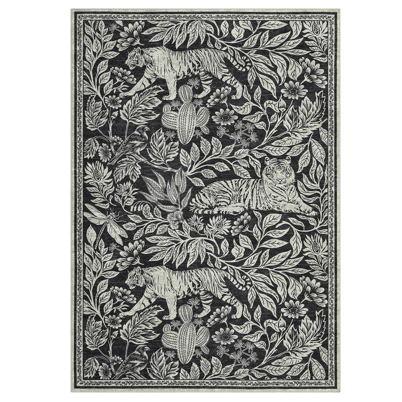 Area Rug 5x7 Washable Rug for Living Room/Bedroom Stain Resistant Foldable Nursery Mat Black, Black, Rectangle 5' x 7'