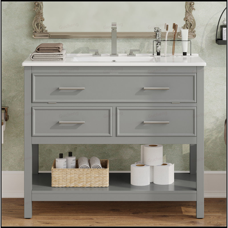 Meuble-lavabo autoportant de 36 po avec plateau basculant, tiroirs et lavabo en céramique, Gris