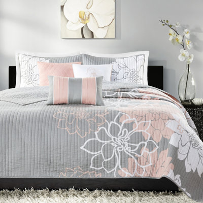 Courtepointe en coton imprimé 6 pièces, gris / pêche, double / grand, réversible, motif floral, rembourrage doux, pièce de coussins décoratifs avec coussins, coton, conception réversible, literie chaleureuse et tendance