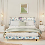 Floating Bed Frame With LED Light And Charging Station Upholstered Platform Bed Frame With Headboard And Hidden Storage Space, No Box Spring Needed