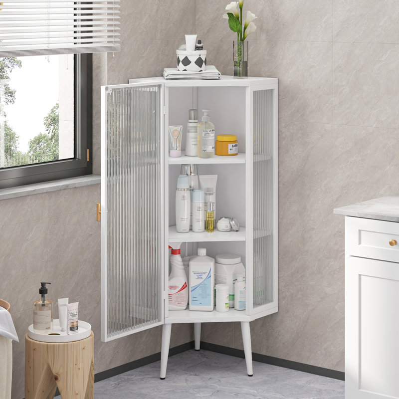 Armoire de plancher 22,73 po blanche, avec portes en verre trempé et 3, pour chambre à coucher, salon, salle de bain, armoire d'angle blanche polyvalente, 3 portes, construction pratique contemporaine