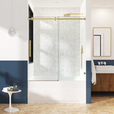 44-49" W x 60" H Frameless Single Sliding Tub Door with 3/8" (10mm) Clear Tempered Glass, Shatter-Resistant Film & Installation Hole Locator - Square Top Rail