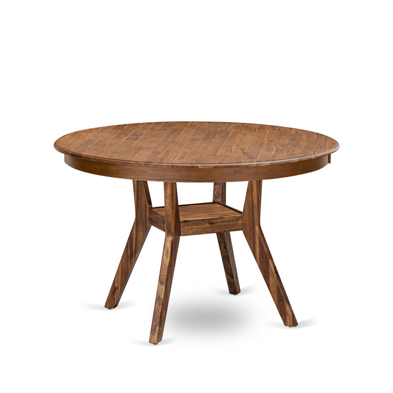 7-Pc Dining Set consists of a Pedestal Kitchen Table and 6 Light Tan Linen Fabric Upholstered Chairs with Padded Back- Antique Walnut