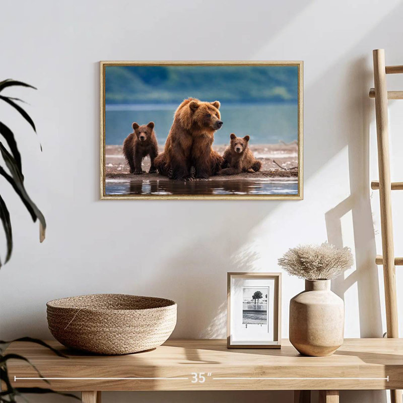 Famille d'ours Kamthatka, Cadre flottant en bois naturel, 19 po x 13 po