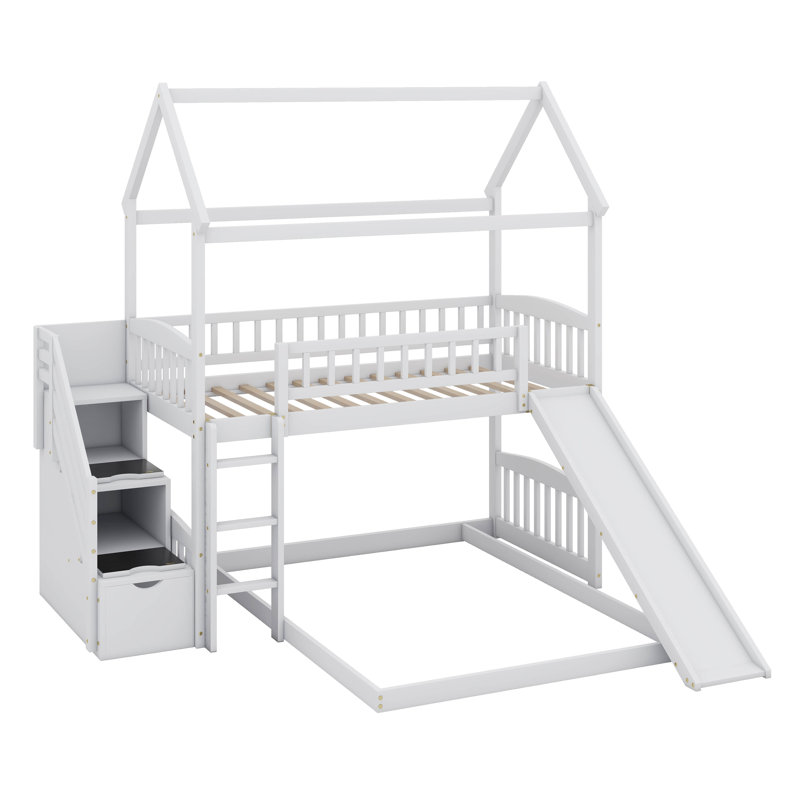Lit simple superposé au dessus d'une chambre double avec glissade et escalier, Blanc