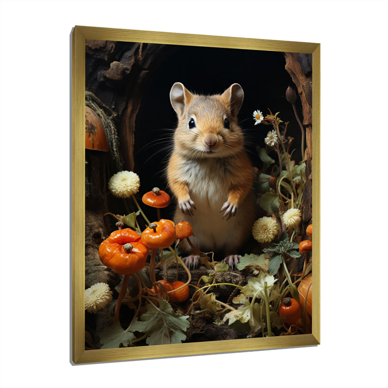 Mignon rongeur en fleurs - reproduction d'art mural, Encadrement doré, H 32 po x l 24 po x P 1 po