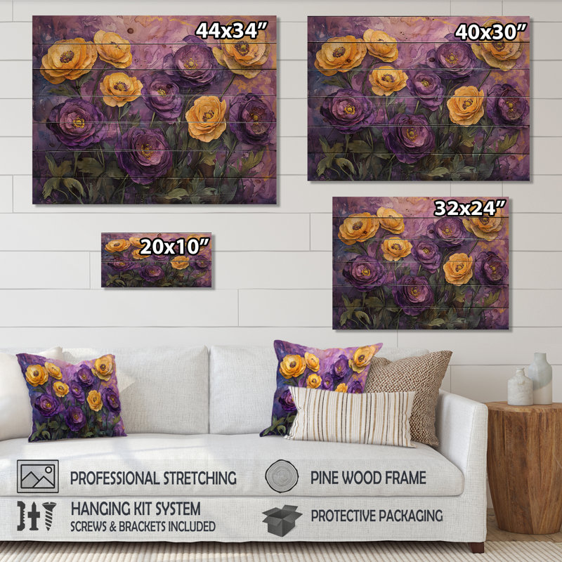 Lavande, champ de fleurs de renoncule II - Art mural en bois de renoncule - sur bois de pin naturel