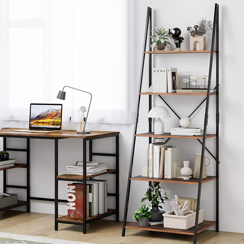 Roselyn 180.5cm H x 60cm W Iron Ladder Bookcase, Black/Vintage