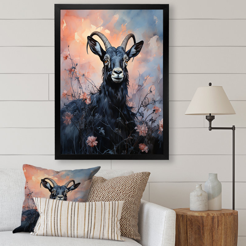 «Buck Goat Twilight Trek 3», art mural animal de chèvre, Cadre simple noir, H 32 po x l 16 po x P 1 po