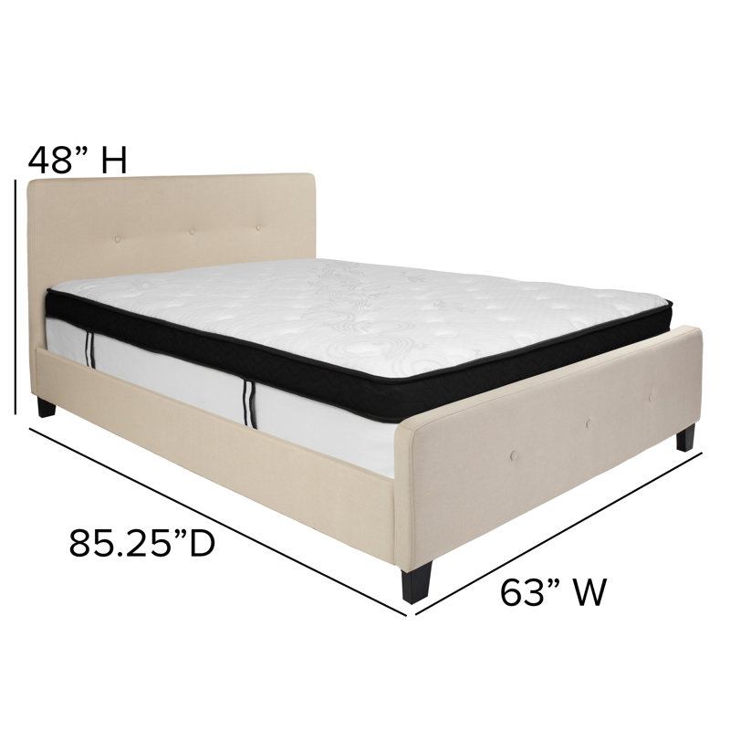 Lit plateforme capitonné avec matelas à ressorts ensachés Aluino, Beige, Double