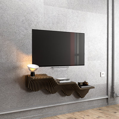 Parametric 40 Inch Floating Shelf Tv Unit Modern Geometric Wooden Wall Piece Decor Natural Oak 3d Wavy Living And Gaming Room Shelf