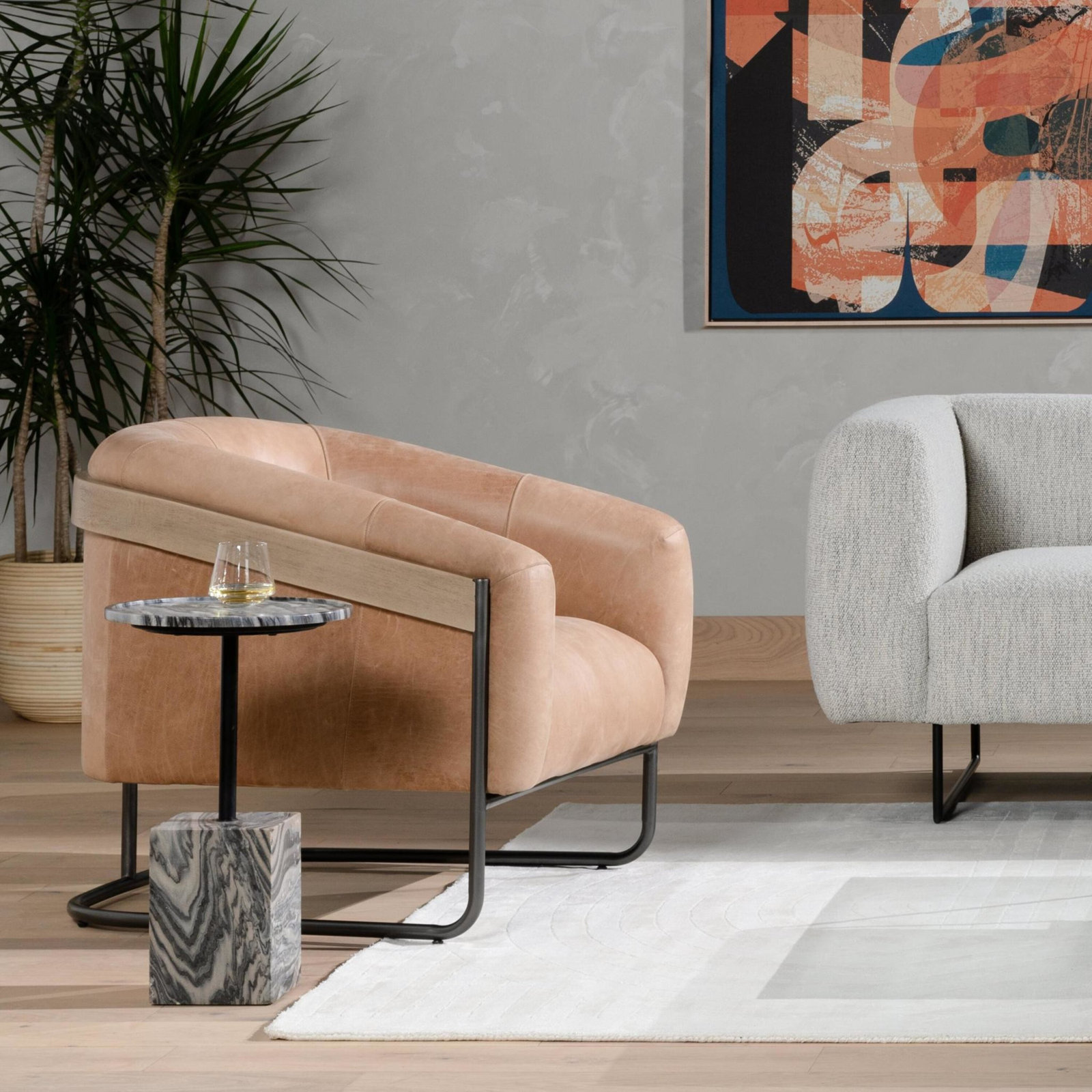 Pereda Genuine Leather Barrel Chair, Winchester Beige Genuine Leather
