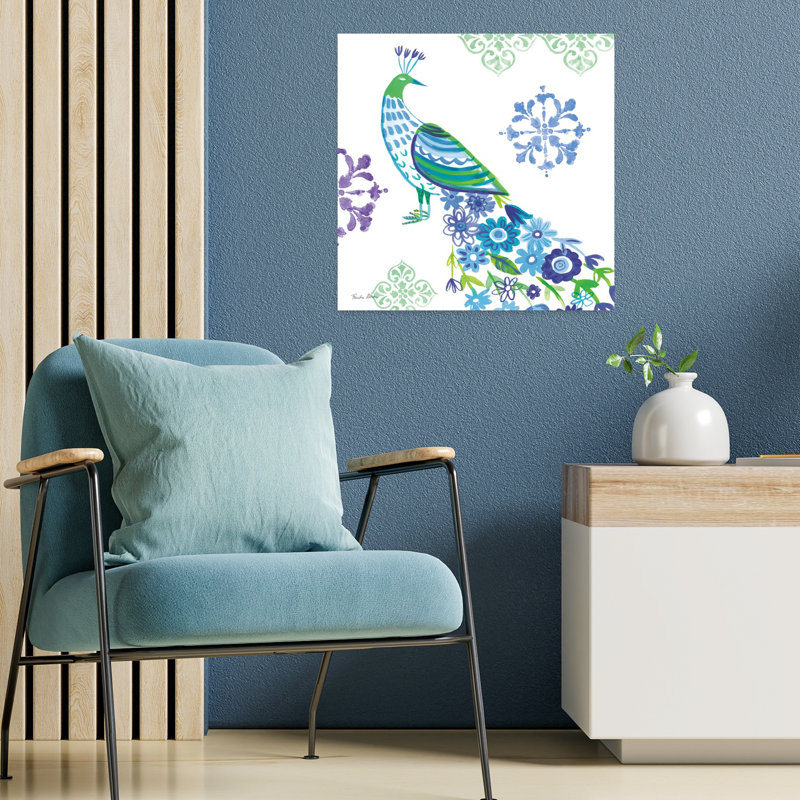 Jewel Peacocks IV, oiseau, fleur tropicale, art, 18" H x 18" W