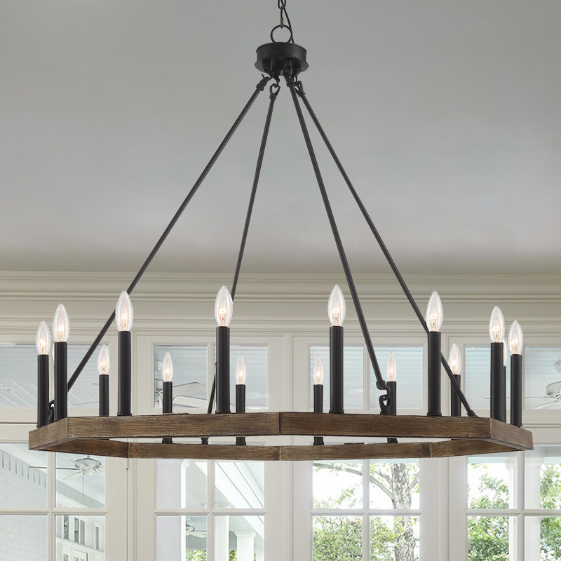 Vredenburgh 16-Light Wagon Wheel Candle Style Chandelier, California Walnut/Classic Black