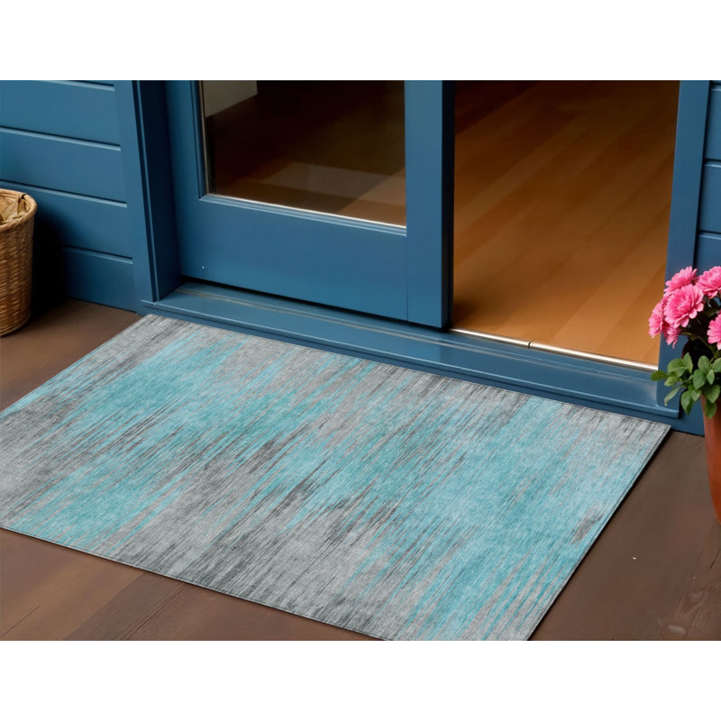 3' X 5' Teal Blue Charcoal And Gray Abstract Washable Indoor Outdoor Area Rug
