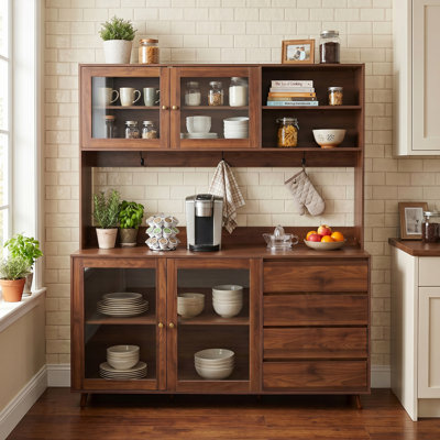 63" W Large Kitchen Hutch Cabinet in Walnut｜Freestanding Pantry Cabinets Storage Kitchen Cupboard ｜ 4 Doors，4 Drawers & Microwave Shelf｜Dust-Proof & Neat Appliance Layout
