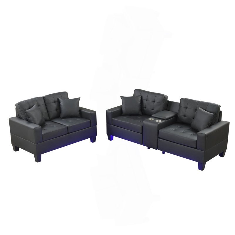 Canapé rembourré en PVC avec lumières DEL et console de rangement, noir