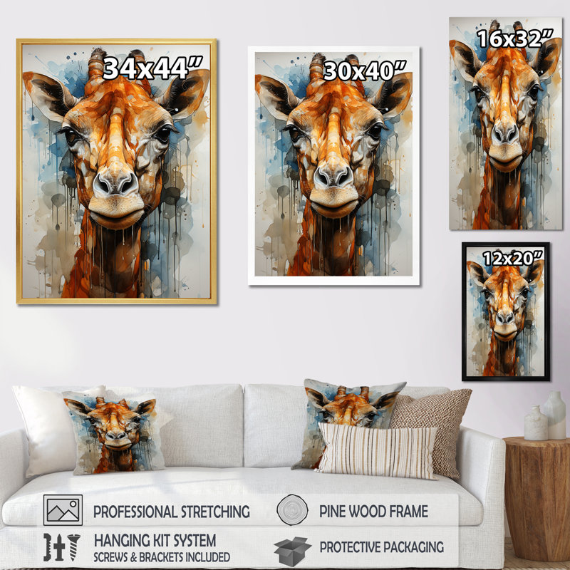 Girafe moderne, portrait sur toile, H 32 po x l 16 po x P 1 po, Cadre flottant noir
