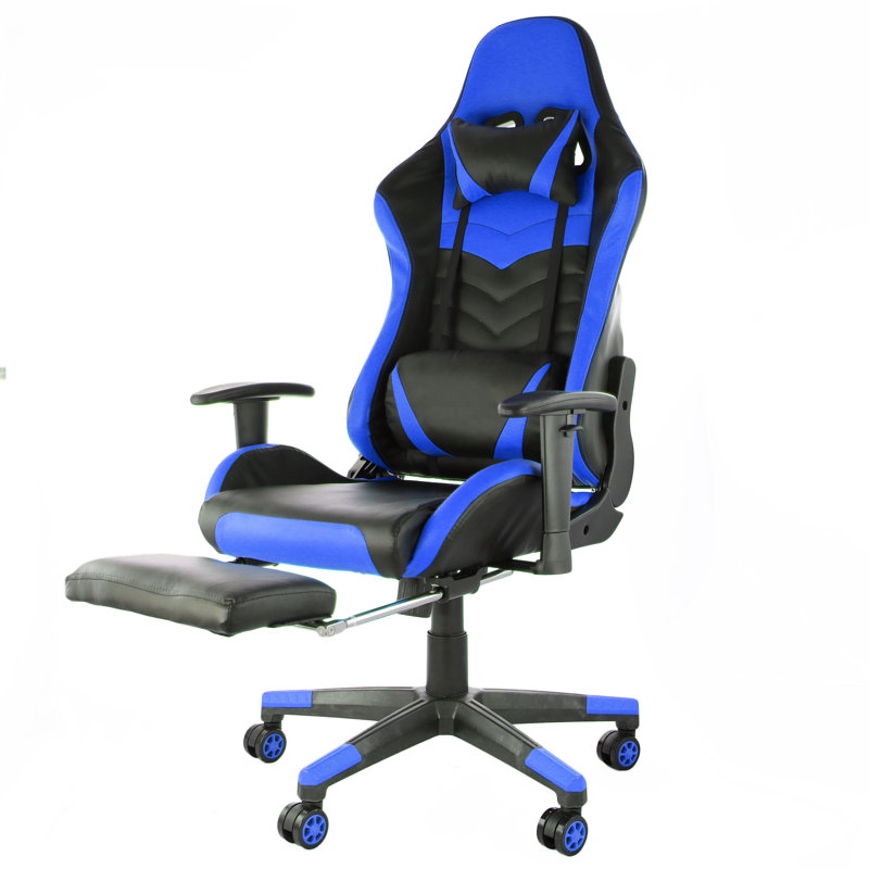 Inbox Zero Adjustable Reclining Ergonomic Faux Leather Swiveling PC & Racing Game Chair with Footrest, Black/Blue