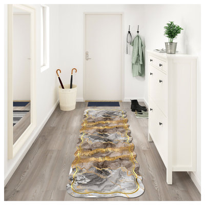 Tapis abstrait en polyester tissé à la machine Novelty Summersvil en brun / gris / or