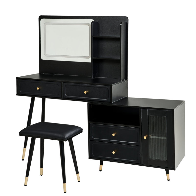 Coiffeuse moderne noire avec grand miroir, éclairage tricolore et armoire latérale réglable, offrant un tabouret d'alimentation pratique pour les chambres à coucher, lumières compactes, rangement de tiroir, encastré
