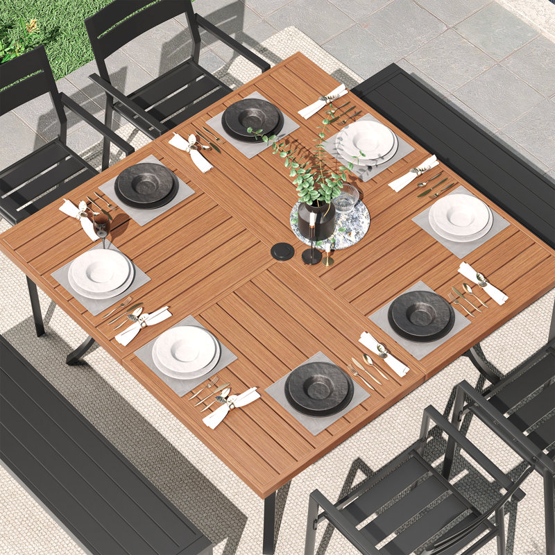 Patio Dining Set with Stackable Metal Chairs and 59" Square Dining Table, Brown