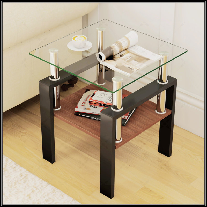Ensemble de 2 tables à thé modernes en verre trempé, Transparent, Noir / brun