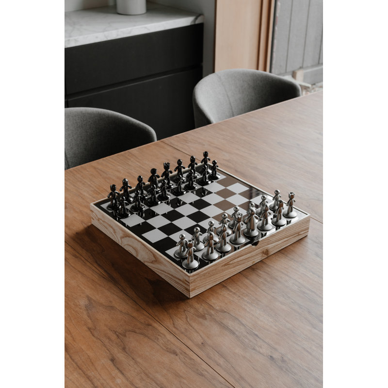 Natural Ashwood and Metal Modern Chess Set with Silver and Black Pieces