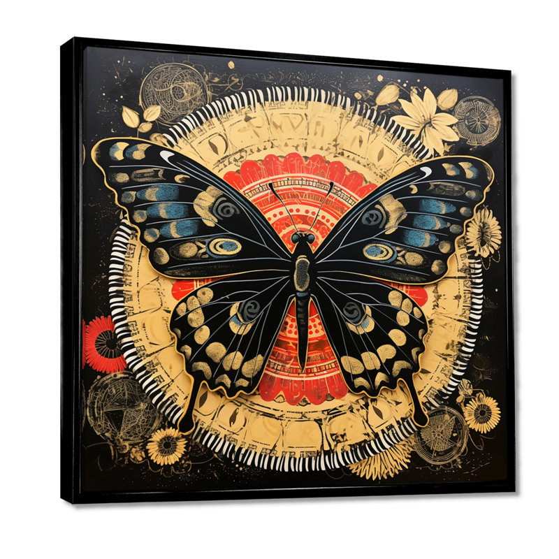 Monarque collage sur sceau doré Glam - papillon, art mural, salon, Toile avec cadre noir, H 16 po x l 16 po x P 1 po