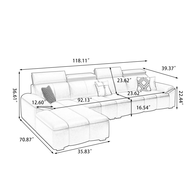 Canapé modulaire 3 pièces rembourré, H 36,61 po x l 118,11 po x P 70,87 po, Face à la gauche
