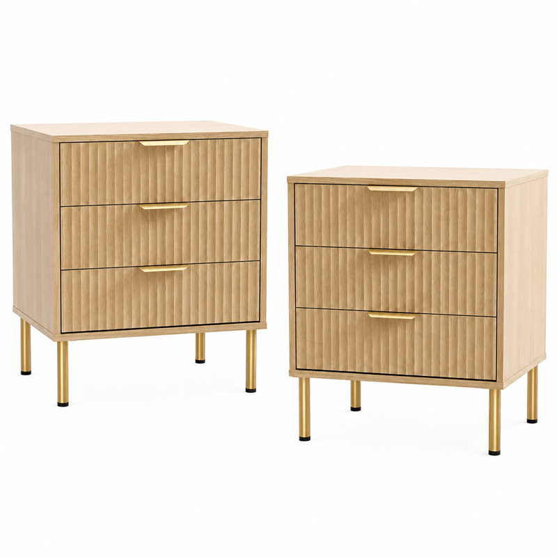 Ensemble de table de chevet 2 tiroirs 2 pièces avec façades cannelées, poignées dorées et pieds en métal, Natural Oak