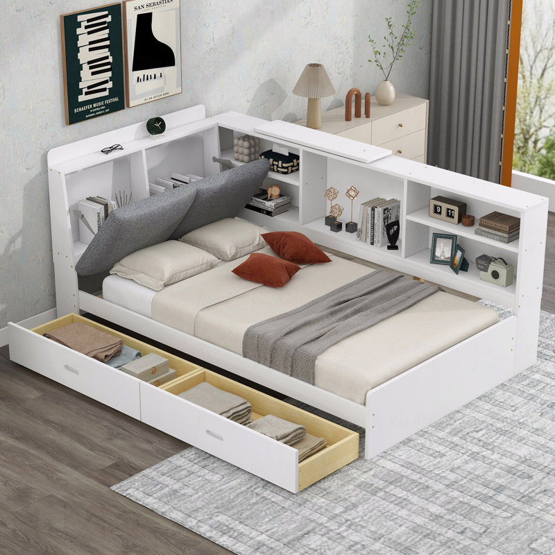 Twin Wood Platform Bed Frame, Storage Headboard, Shelves, 2 Drawers, White