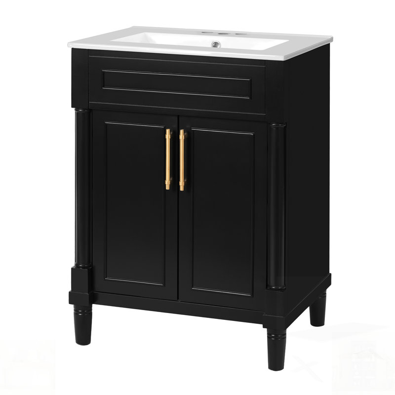 Meuble-lavabo avec lavabo en céramique intégré et deux portes, parfait pour les petites et moyennes salles de bain, combinant style et fonctionnalité.